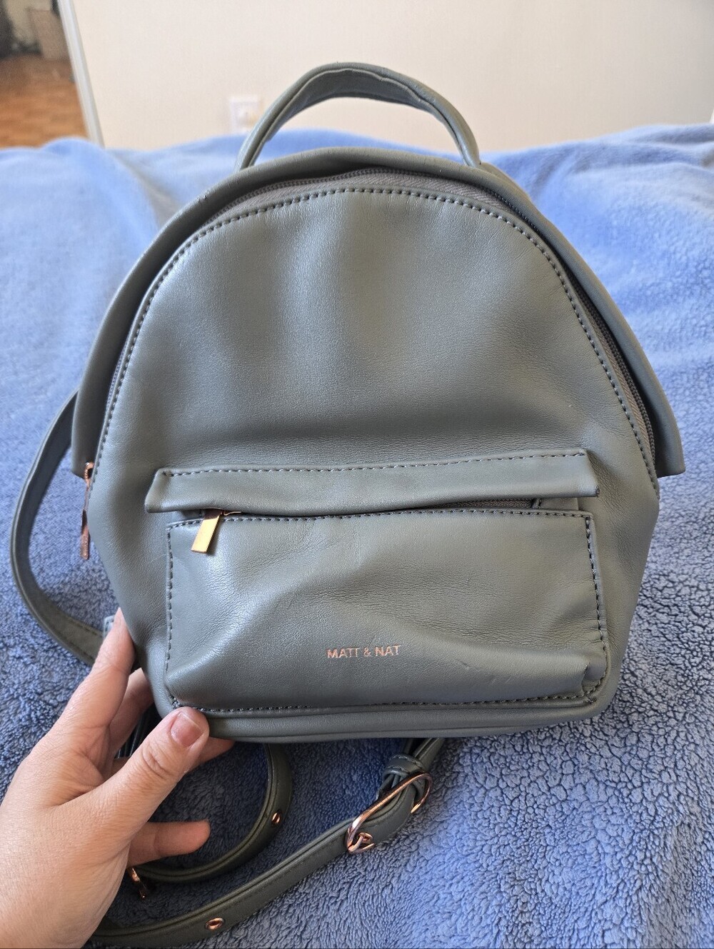 Matt & Nat Vegan Leather Mini Backpack Olive Sage Green Rose Gold Hardware